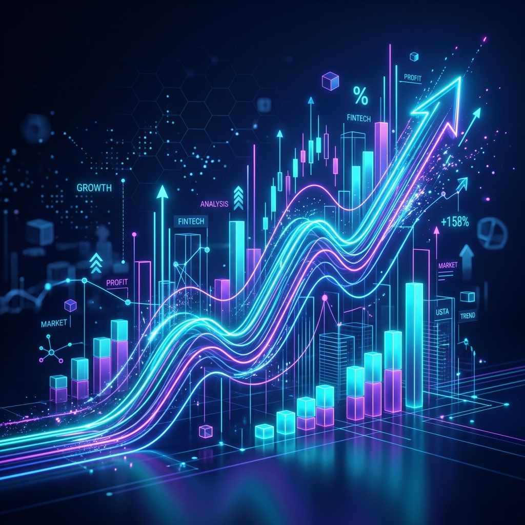 Abstract glowing financial growth charts and neon curves, modern fintech style